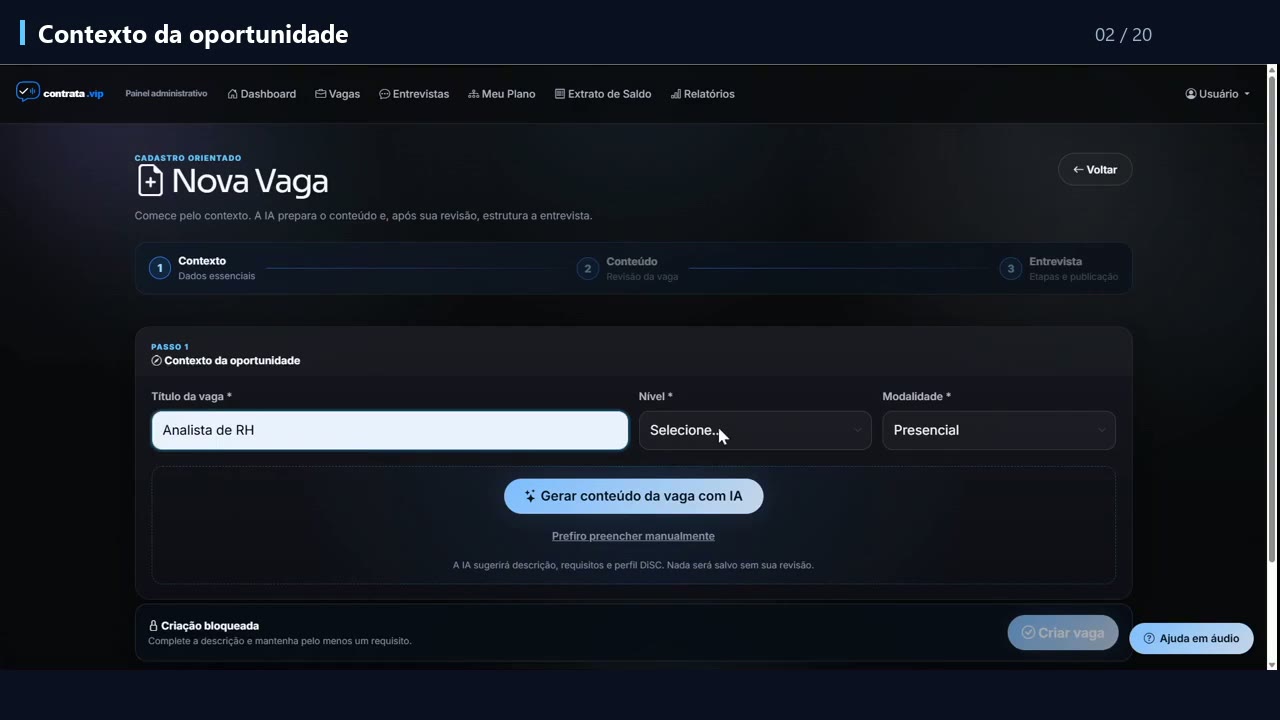 Tela de configuração de uma vaga no Contrata VIP